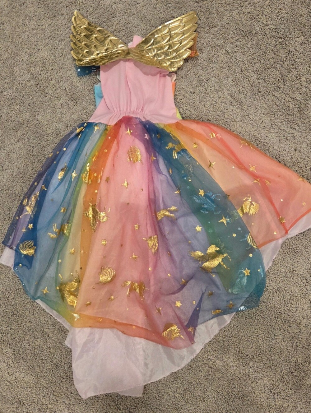 Multicolor Rainbow Unicorn Dress with Gold Wings - Kids Costume